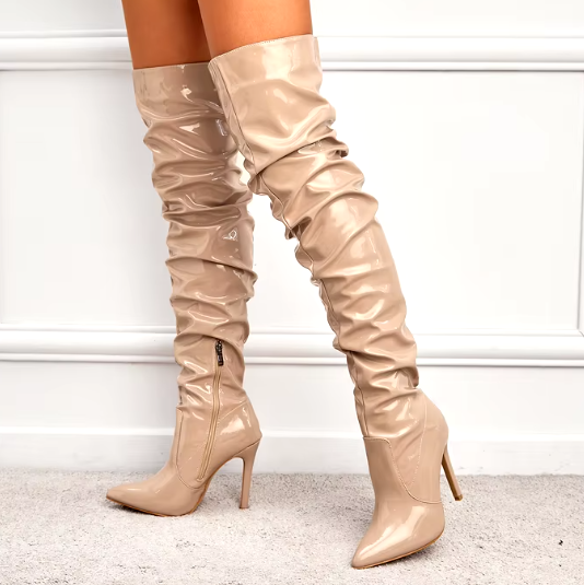 Patent Leather Solid Pointed Toe Stiletto Side Zipper High Heel Knee Boots