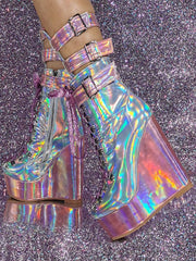 Patent PU Upper Round Toe Wedge Heel Mid Calf Boots For Women