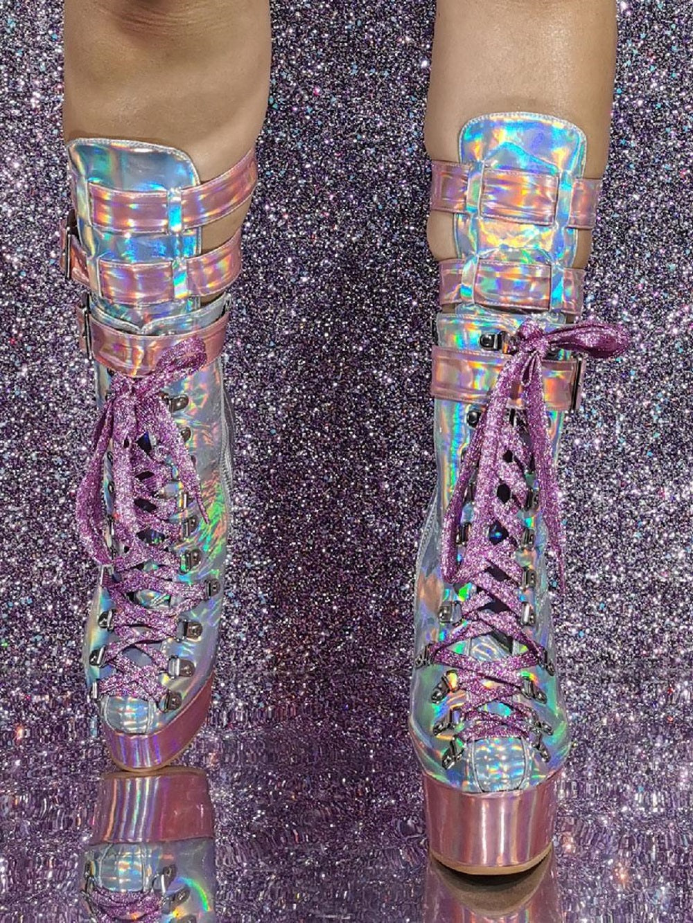 Patent PU Upper Round Toe Wedge Heel Mid Calf Boots For Women