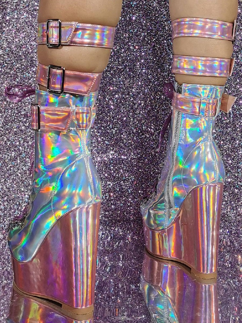 Patent PU Upper Round Toe Wedge Heel Mid Calf Boots For Women