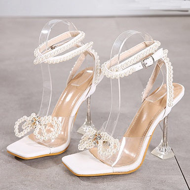 Pearl Bowtie Accent Sling Back Ankle Wrap Pedestal High Heel Shoes
