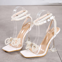 Pearl Bowtie Accent Sling Back Ankle Wrap Pedestal High Heel Shoes