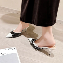 Pearl Design Pointed Toe Bow Mules Shallow Slip On Sling-back High Heels