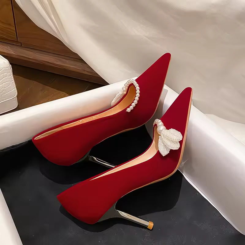 Pearl Soft Beaded Stiletto Pointed Toe Suede Slip On Silk Bride Satin High Heels