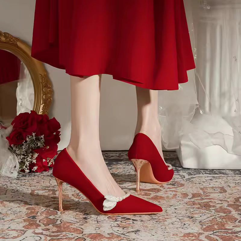 Pearl Soft Beaded Stiletto Pointed Toe Suede Slip On Silk Bride Satin High Heels