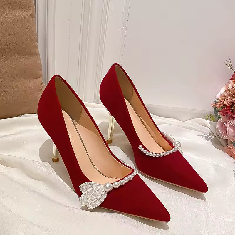 Pearl Soft Beaded Stiletto Pointed Toe Suede Slip On Silk Bride Satin High Heels