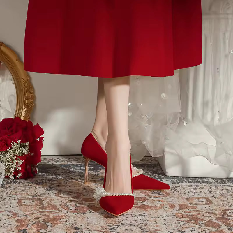 Pearl Soft Beaded Stiletto Pointed Toe Suede Slip On Silk Bride Satin High Heels