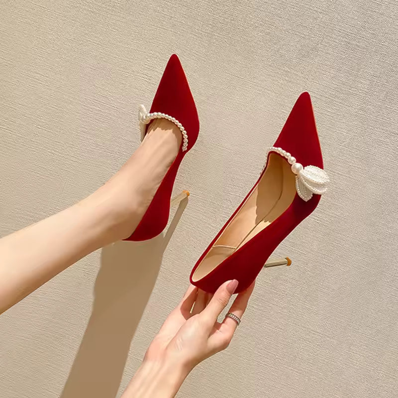 Pearl Soft Beaded Stiletto Pointed Toe Suede Slip On Silk Bride Satin High Heels