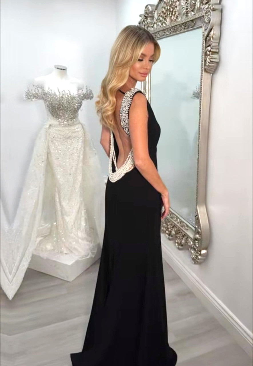 Backless Pearl Maxi Velvet Dress Black