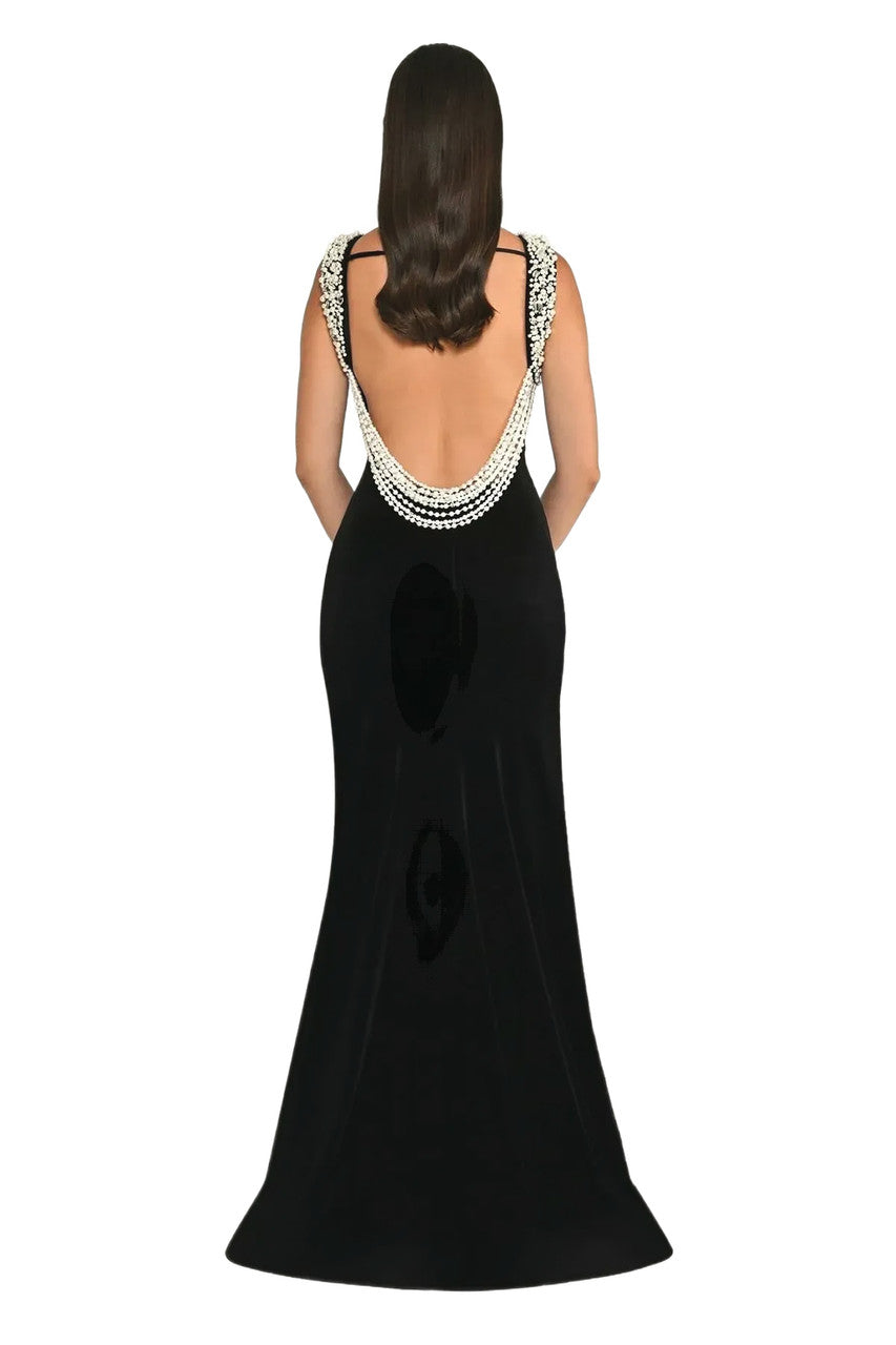 Backless Pearl Maxi Velvet Dress Black