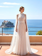 Pearl Cape Sleeves Maxi Dress White