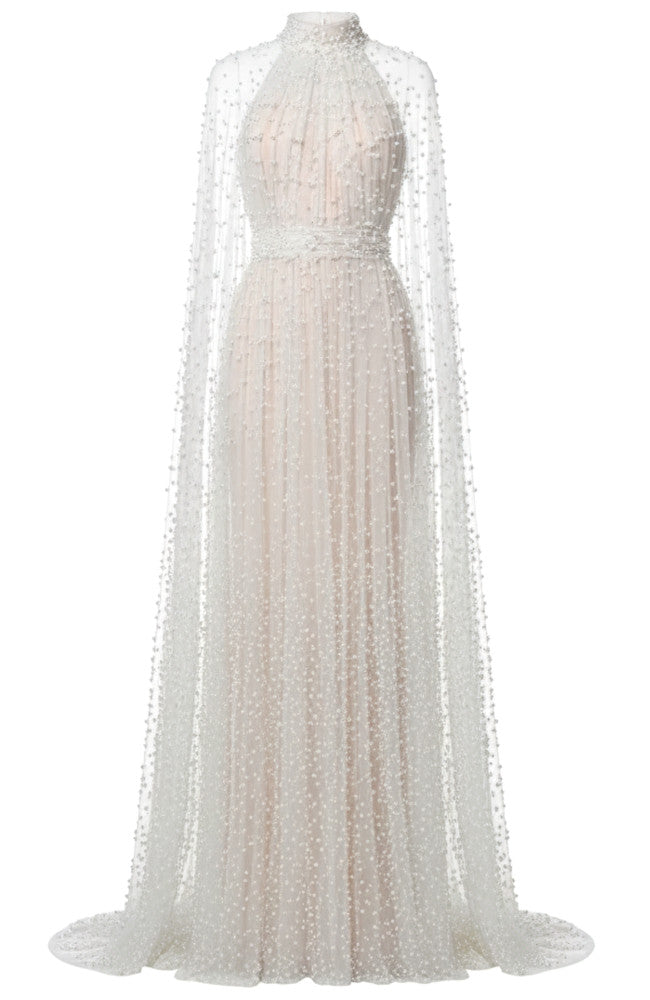 Pearl Cape Sleeves Maxi Dress White