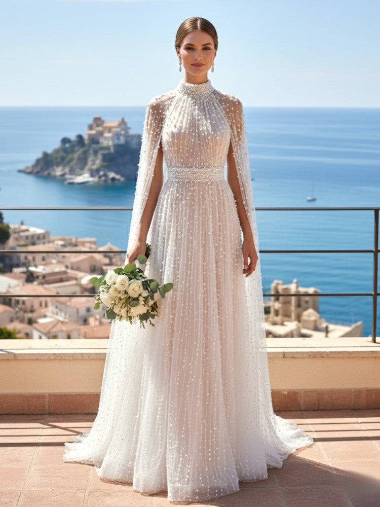 Pearl Cape Sleeves Maxi Dress White