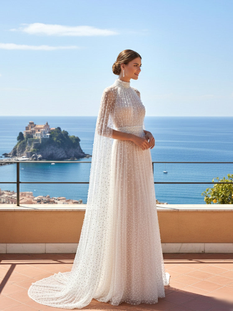 Pearl Cape Sleeves Maxi Dress White