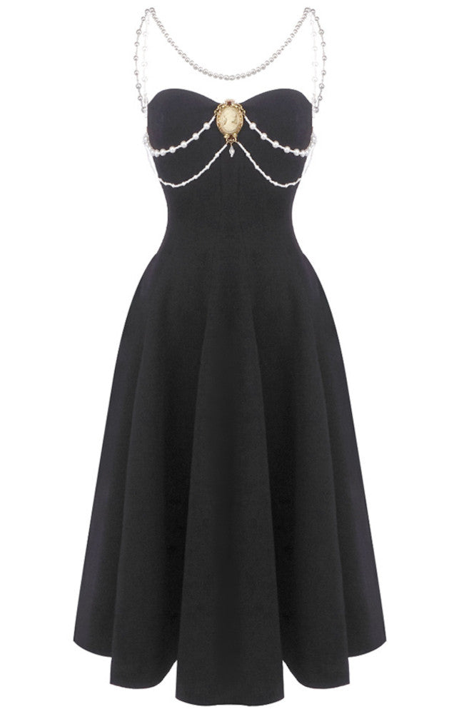 Pearl Detail A Line Midi Dress Black