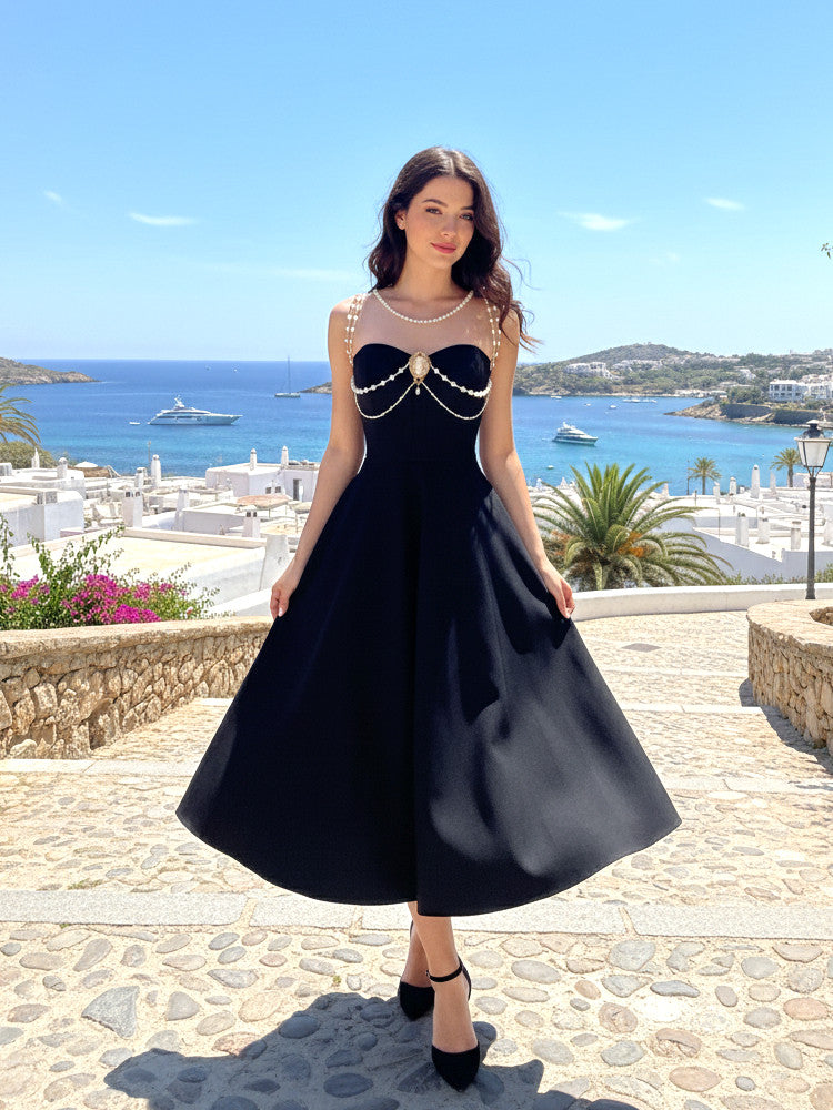 Pearl Detail A Line Midi Dress Black