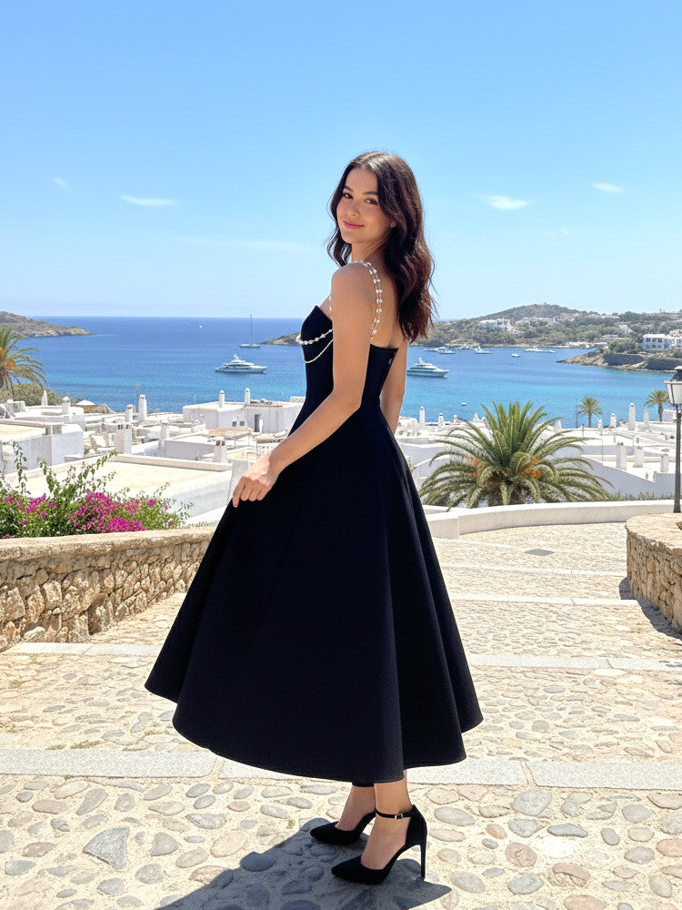 Pearl Detail A Line Midi Dress Black