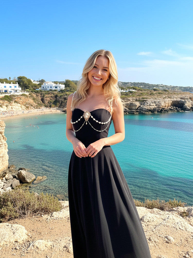 Pearl Detail A Line Midi Dress Black
