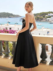 Pearl Detail A Line Midi Dress Black