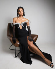 Pearl Detail Bardot Maxi Dress Black