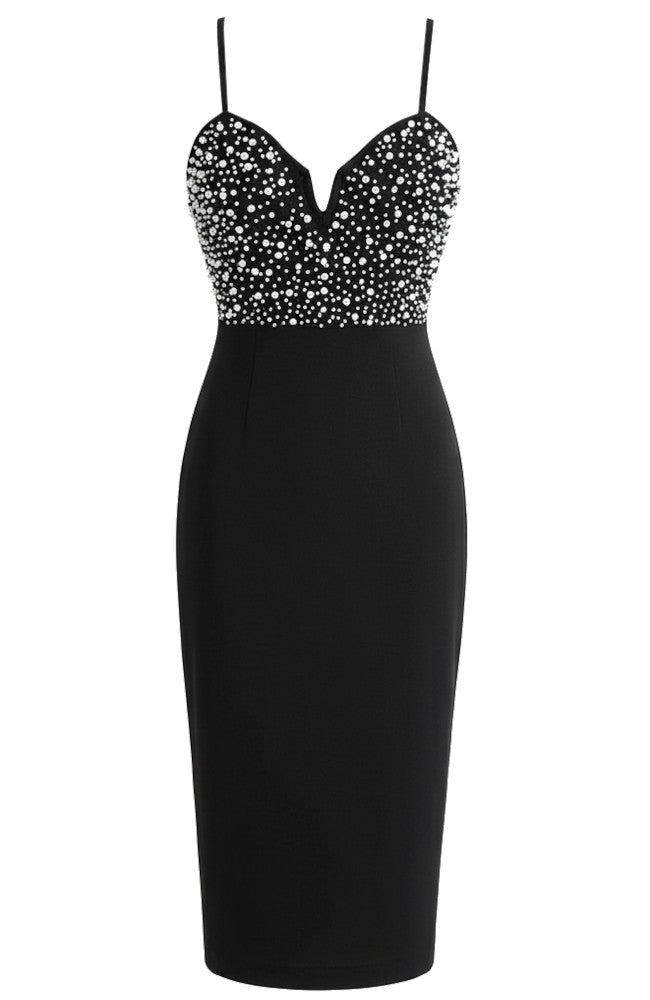 Pearl Embellished Midi Dress Black