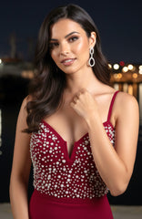 Pearl Embellished Midi Dress Red