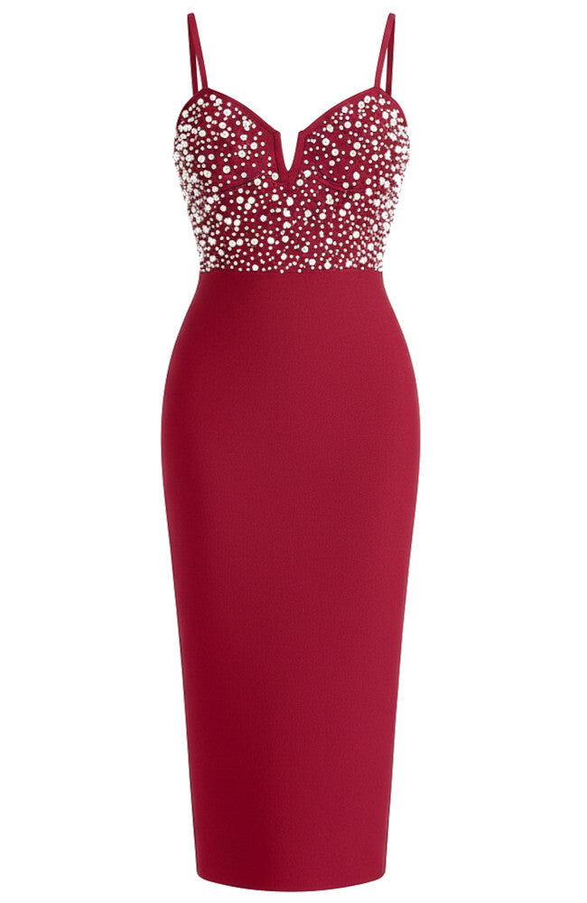 Pearl Embellished Midi Dress Red