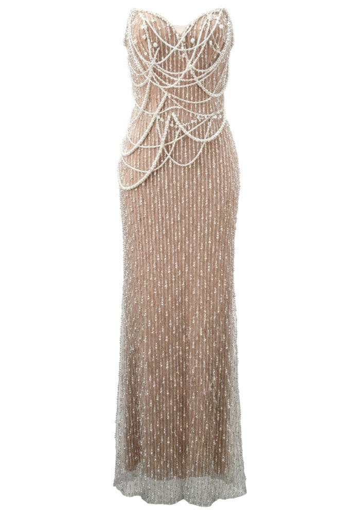 Strapless Pearl Detail Maxi Dress Nude