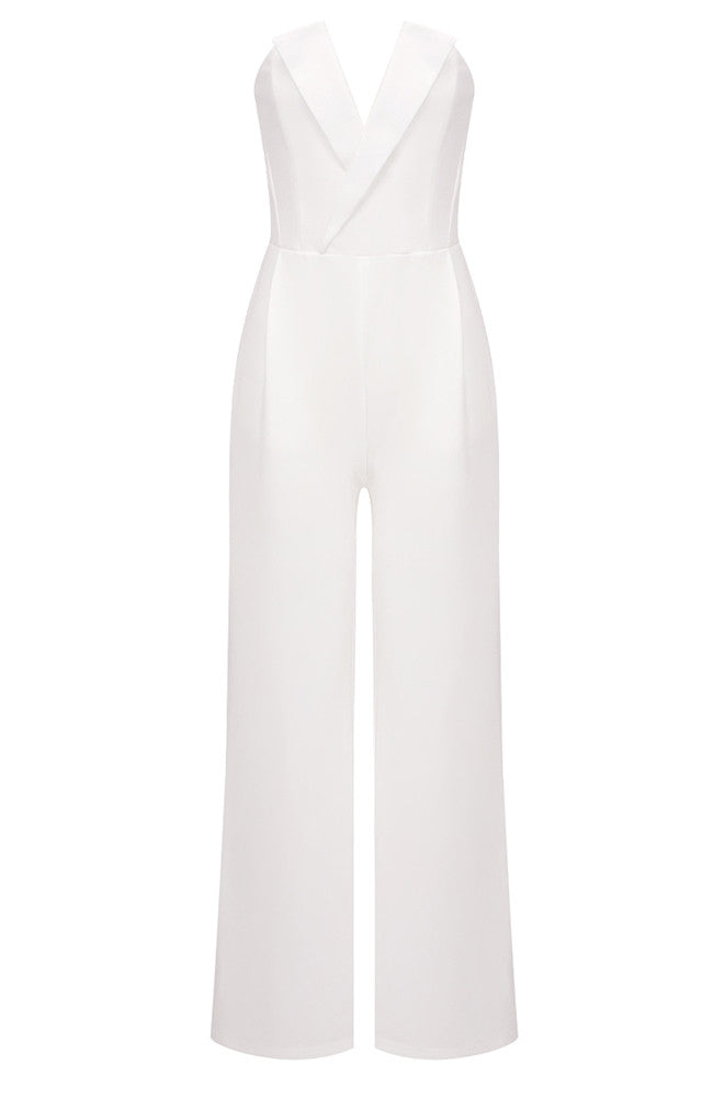 Embellished Long Sleeve Two Piece Jumspuit White Nude