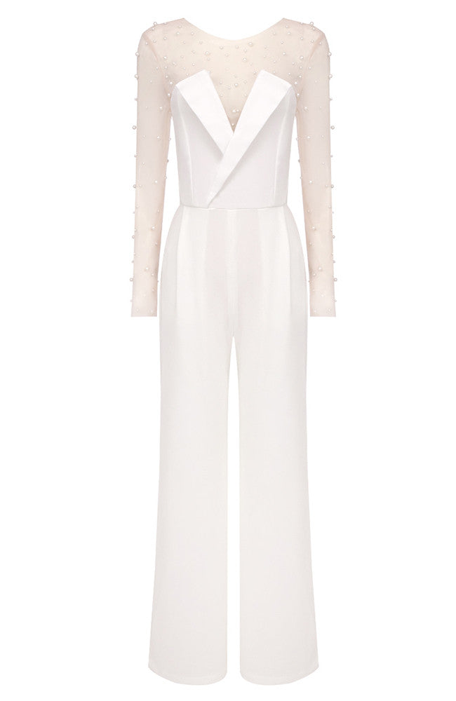 Embellished Long Sleeve Two Piece Jumspuit White Nude