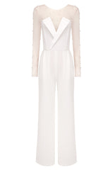 Embellished Long Sleeve Two Piece Jumspuit White Nude