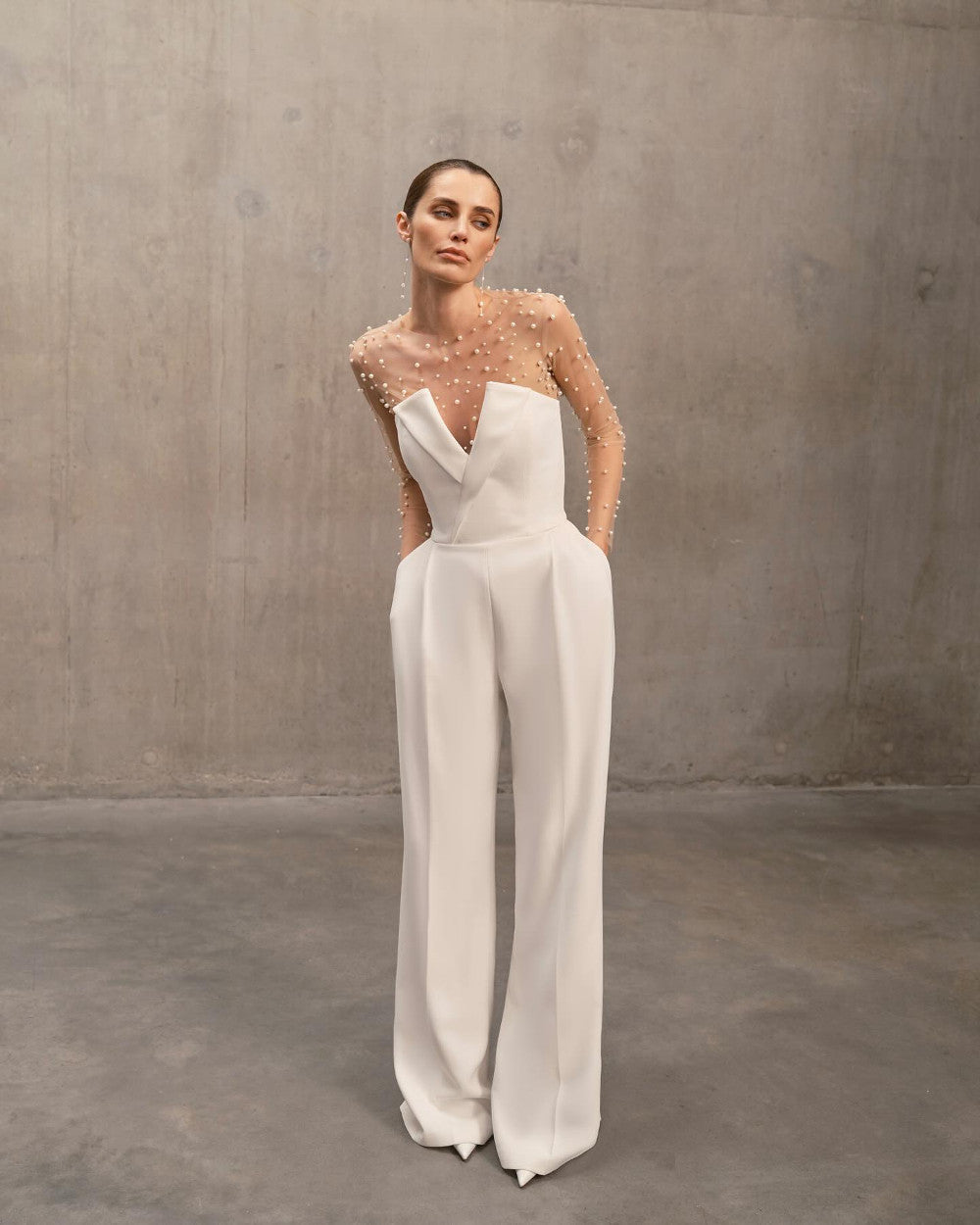 Embellished Long Sleeve Two Piece Jumspuit White Nude