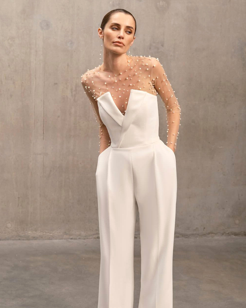Embellished Long Sleeve Two Piece Jumspuit White Nude