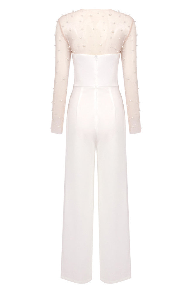 Embellished Long Sleeve Two Piece Jumspuit White Nude