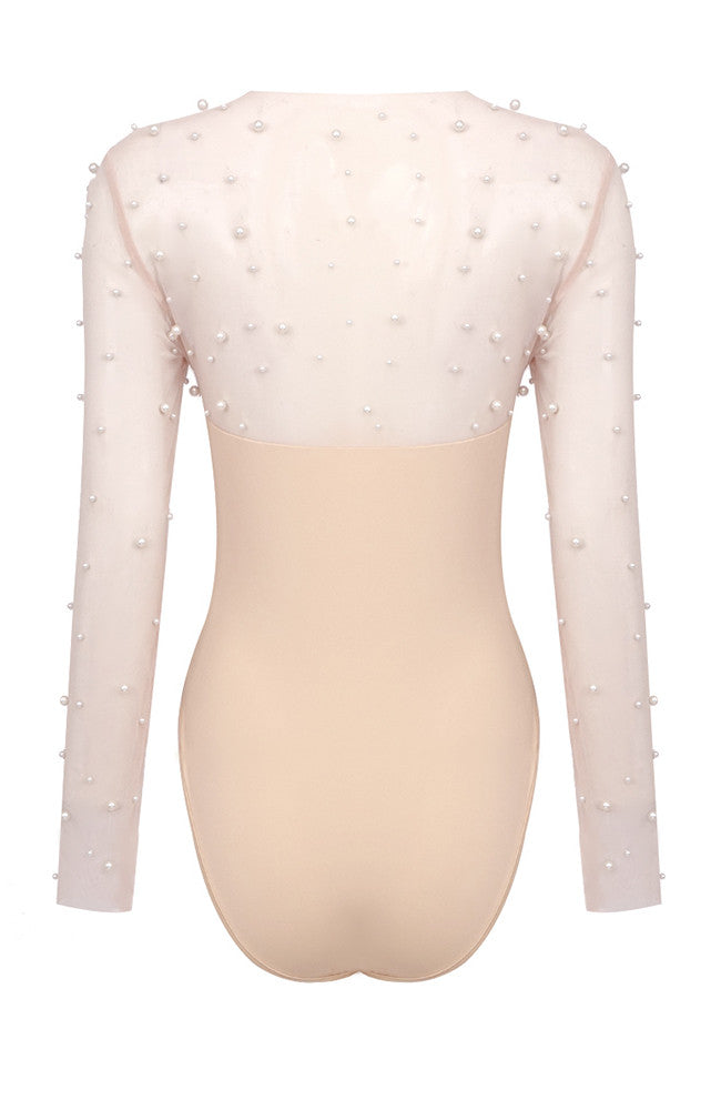 Embellished Long Sleeve Two Piece Jumspuit White Nude
