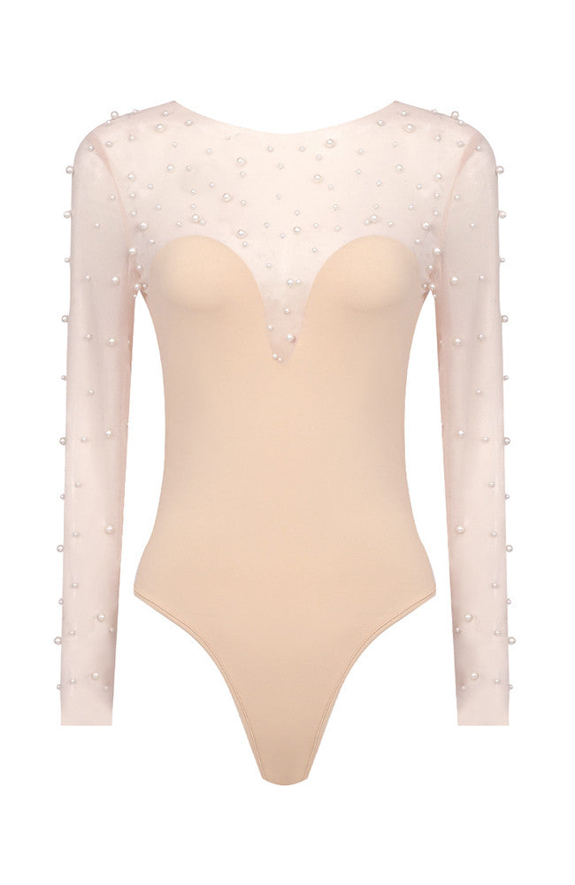 Embellished Long Sleeve Two Piece Jumspuit White Nude