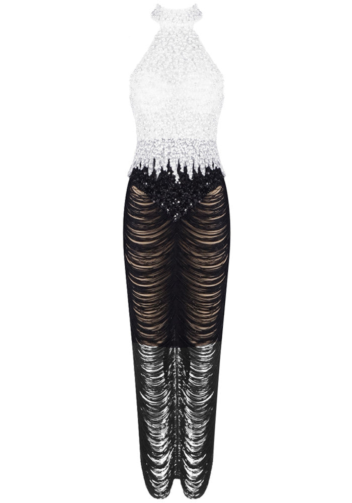 Pearl Sequin Tassel Maxi Dress White Black