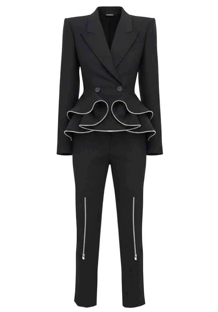 Zipper Detail Peplum Suit Black