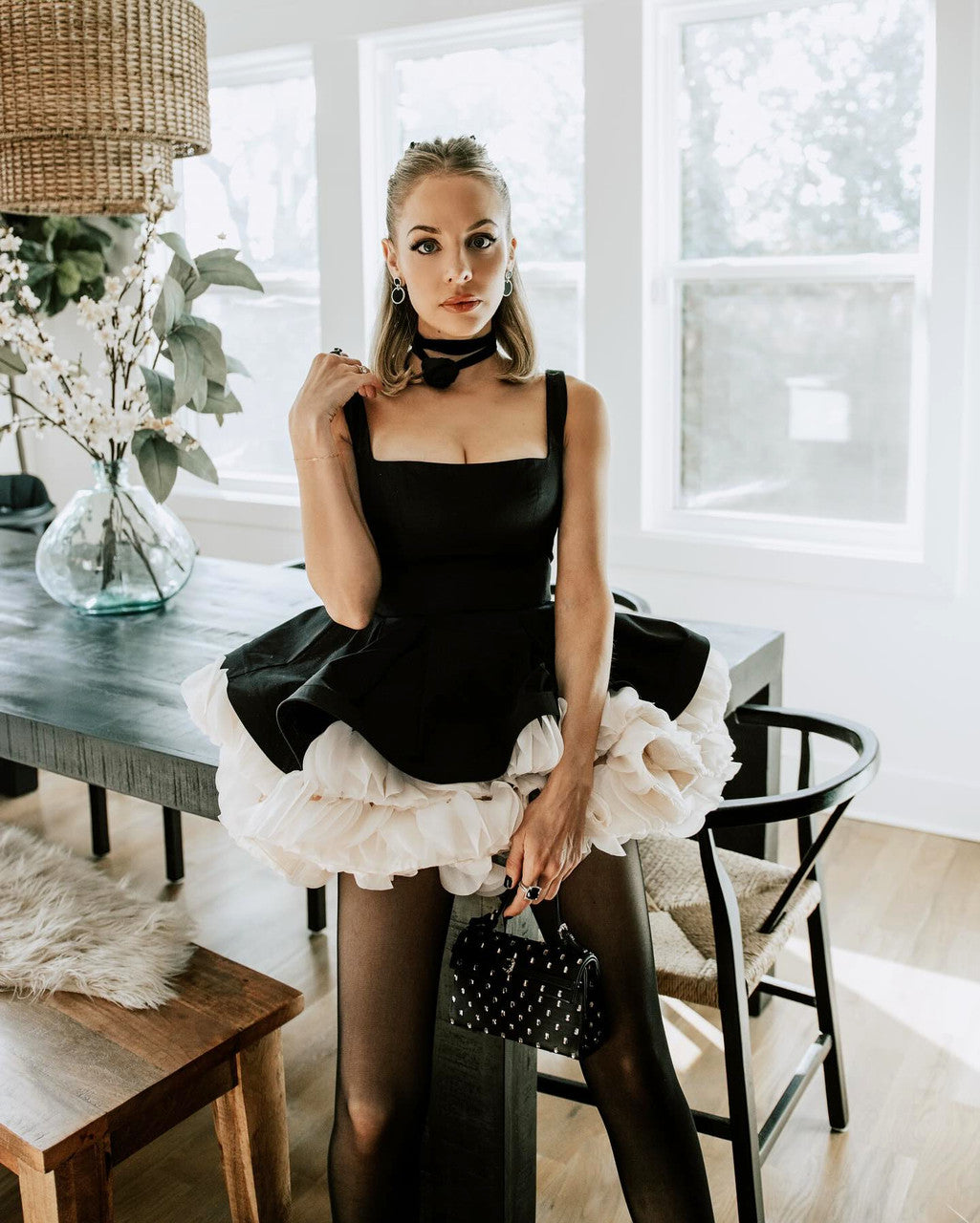 Petal Detail A Line Dress Black Ivory
