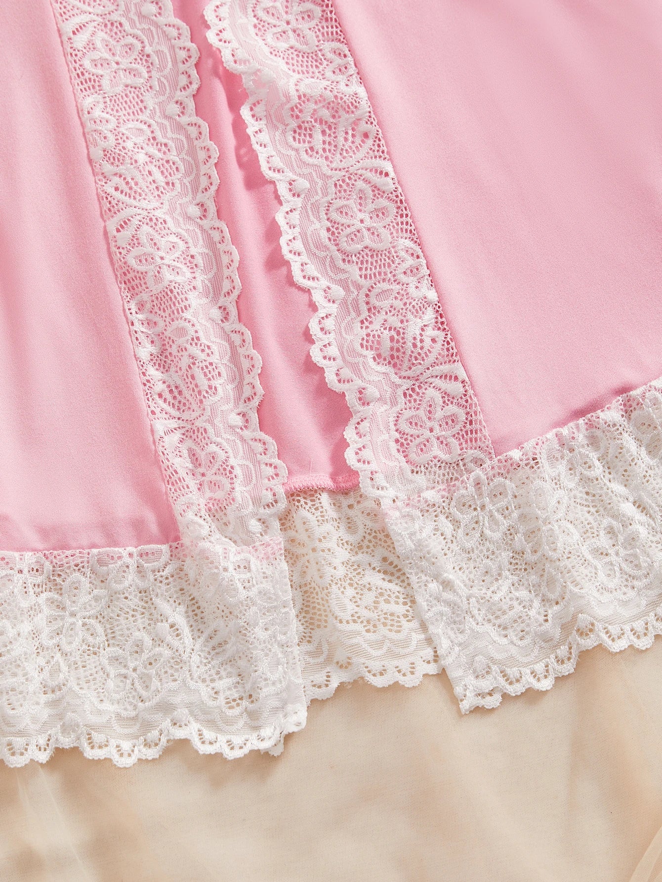 Pink Lace Chemise Sleep Dress With Front Tie String Adjustable Spaghetti Strap Matching G-String Panty Womens Nightgown Set