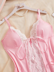 Pink Lace Chemise Sleep Dress With Front Tie String Adjustable Spaghetti Strap Matching G-String Panty Womens Nightgown Set