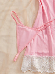 Pink Lace Chemise Sleep Dress With Front Tie String Adjustable Spaghetti Strap Matching G-String Panty Womens Nightgown Set