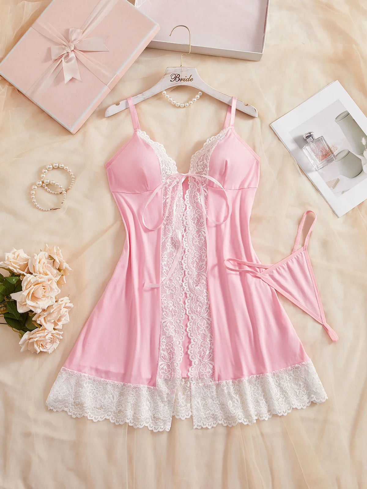 Pink Lace Chemise Sleep Dress With Front Tie String Adjustable Spaghetti Strap Matching G-String Panty Womens Nightgown Set
