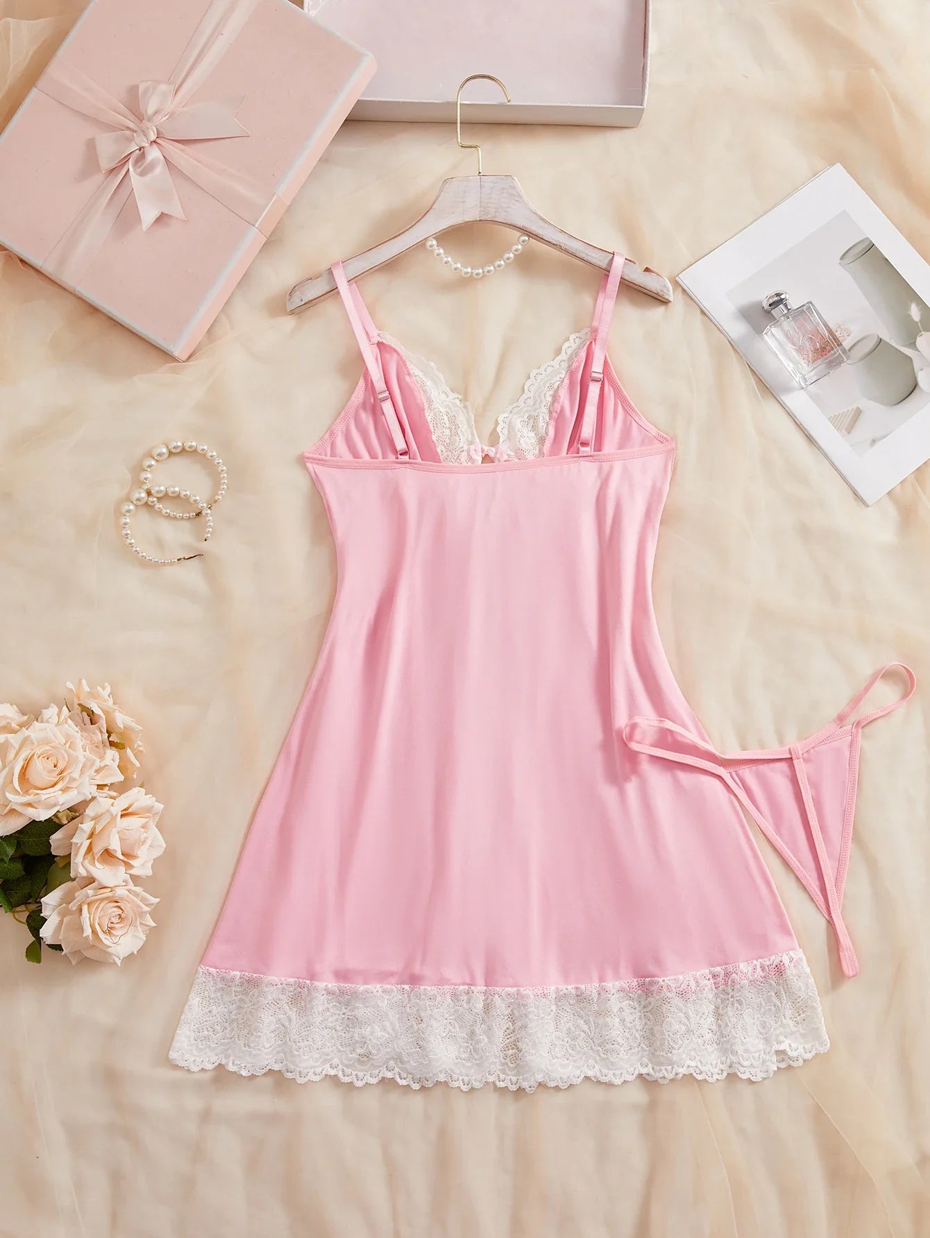 Pink Lace Chemise Sleep Dress With Front Tie String Adjustable Spaghetti Strap Matching G-String Panty Womens Nightgown Set