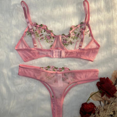 Pink Lingerie Woman Lace Underwear Fairy Embroidery Brief Sets Bra Panties Kits Breves Sets