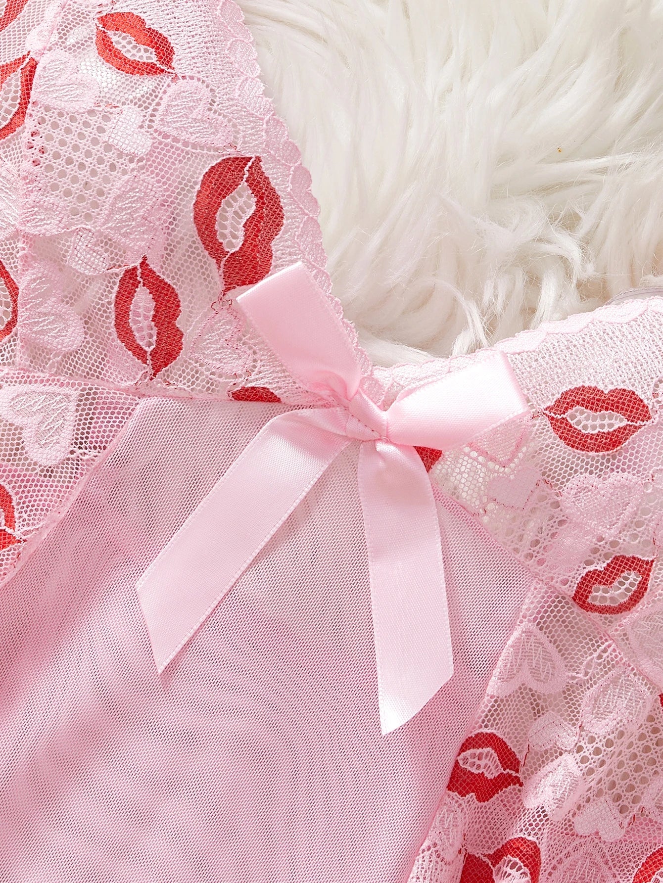 Pink Lips Lingerie Kawaii Intimate Dress Lace Nightdress Sleepwear Soft Pajamas With Thongs