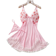 Pink Lips Lingerie Kawaii Intimate Dress Lace Nightdress Sleepwear Soft Pajamas With Thongs