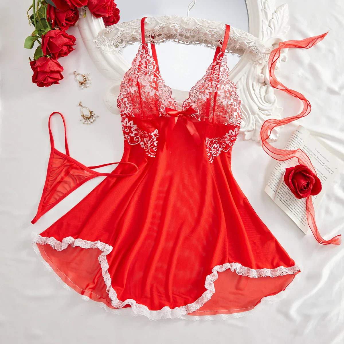 Pink Lips Lingerie Kawaii Intimate Dress Lace Nightdress Sleepwear Soft Pajamas With Thongs