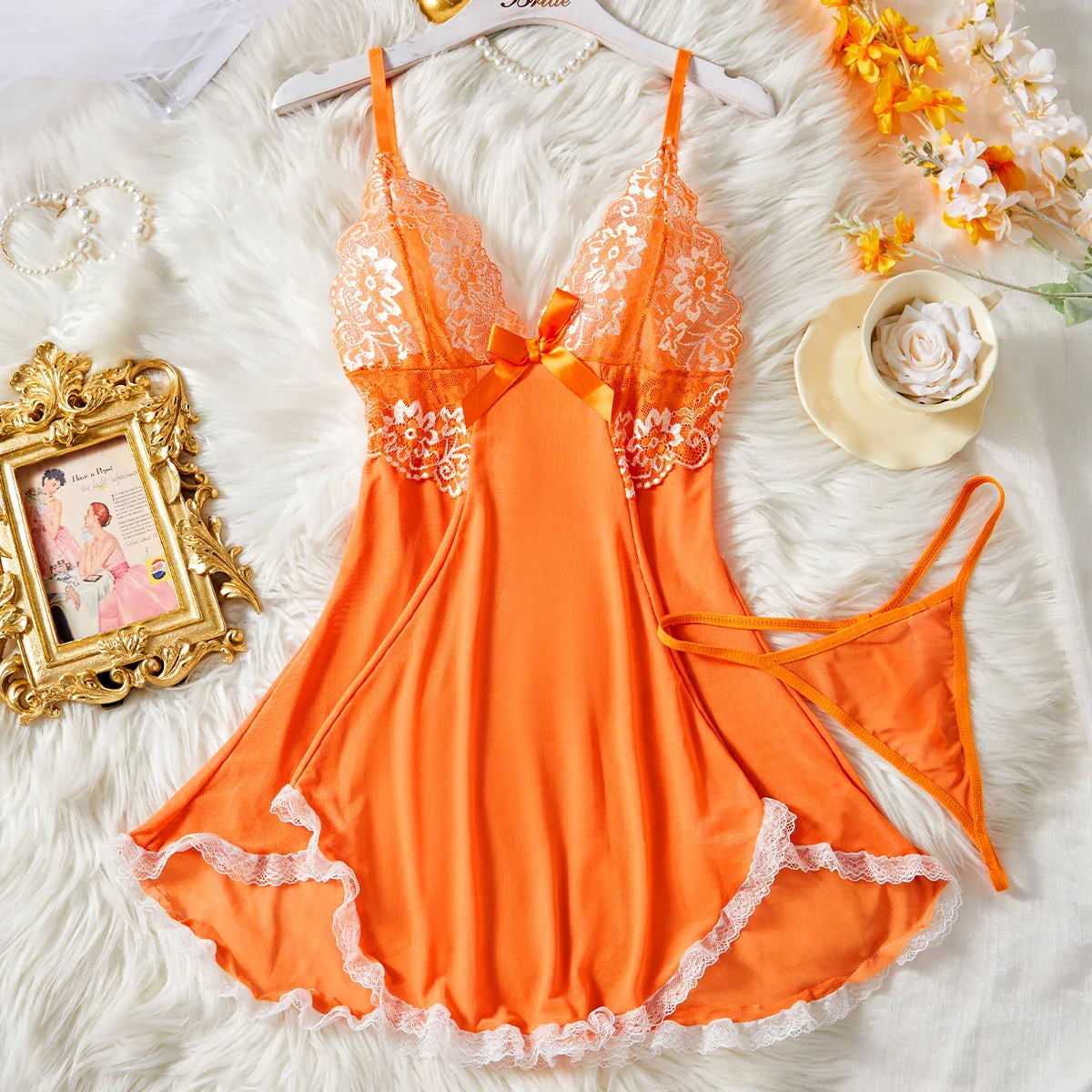 Pink Lips Lingerie Kawaii Intimate Dress Lace Nightdress Sleepwear Soft Pajamas With Thongs