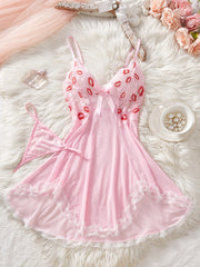Pink Lips Lingerie Kawaii Babydoll Dress Lace See Through Nightdress Sleepwear Soft V Neck Erotic Pajamas With Thongs
